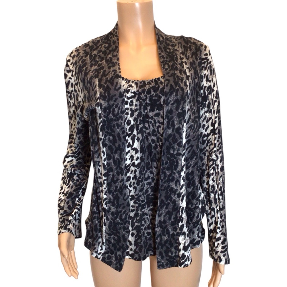 Chico’s Leopard Print Black-Gray 2-Piece Tank & Cardigan Set | Size 2 (L/12) - Picture 3 of 9